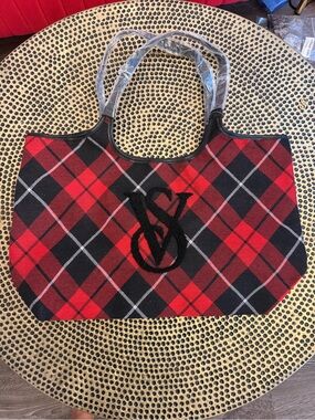 Red Plaid Tote Bag with Black Victoria secret Monogram